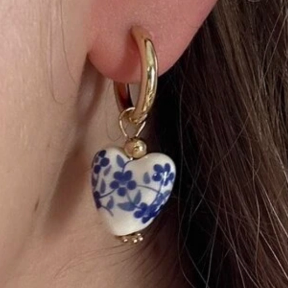 Stainless Steel Floral Ceramic Heart Drop Earrings - Picture 4 of 4